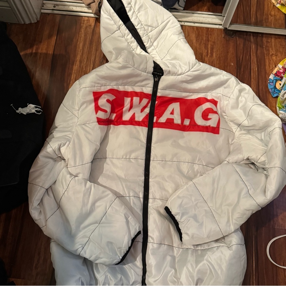 White Hooded Men's Sweater with Red Accents